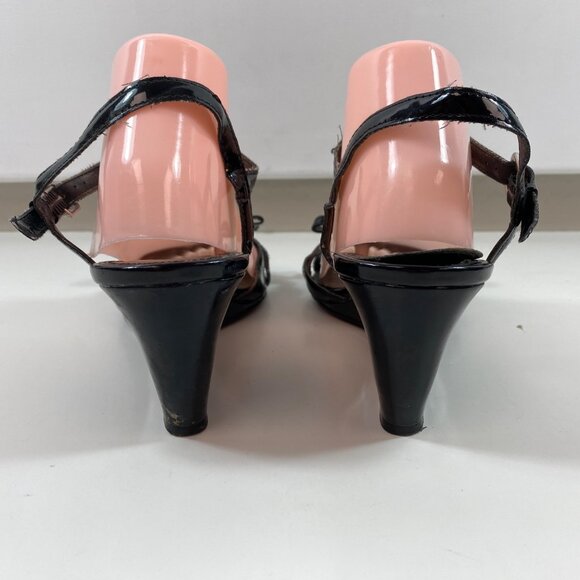Predictions Womens Black Patent Leather T-Strap Wedge Heel Sandals Bow Size 9.5 - Picture 3 of 14